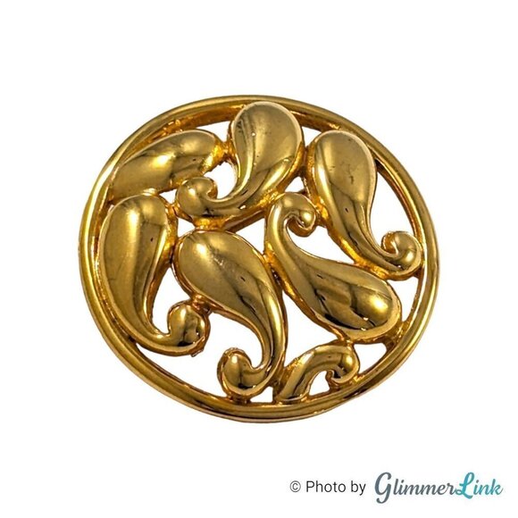 Vintage Paisley Swirl Circle Gold Tone Brooch Pin - Picture 4 of 9